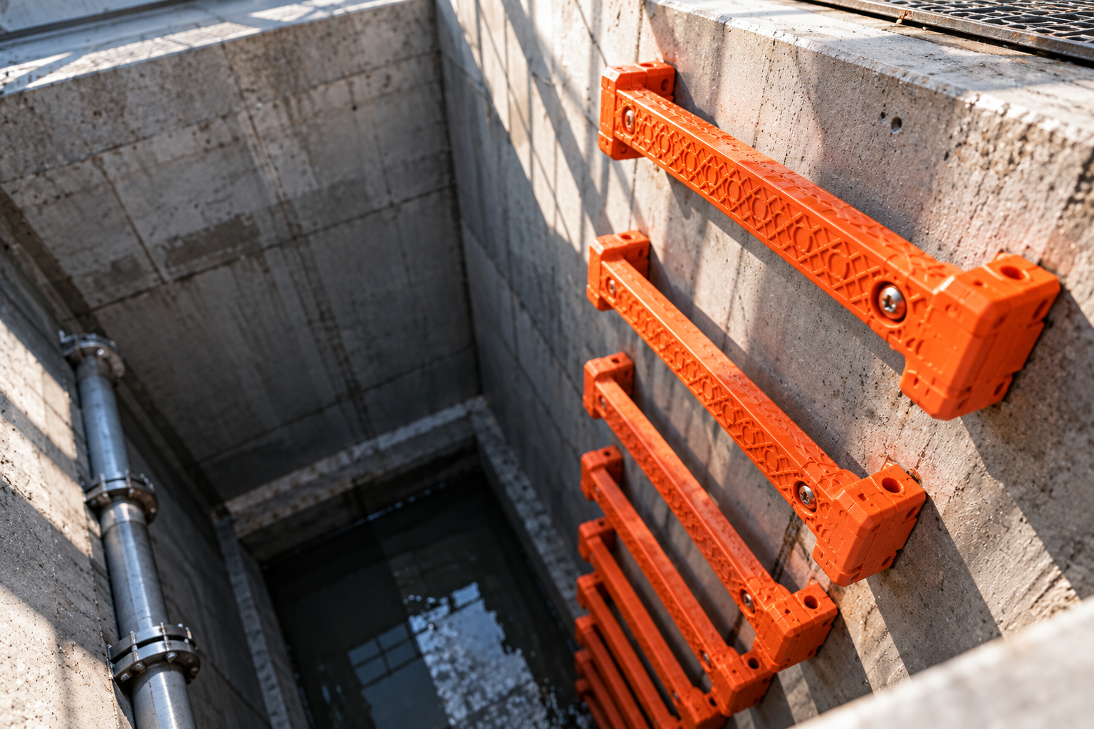 PVC RUNG LADDER SYSTEM vivid orange ladder into concrete depths